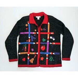 VTG Arriviste Teacher Themed Cotton Cardigan Felt Applique Sz L Blk Gray Red